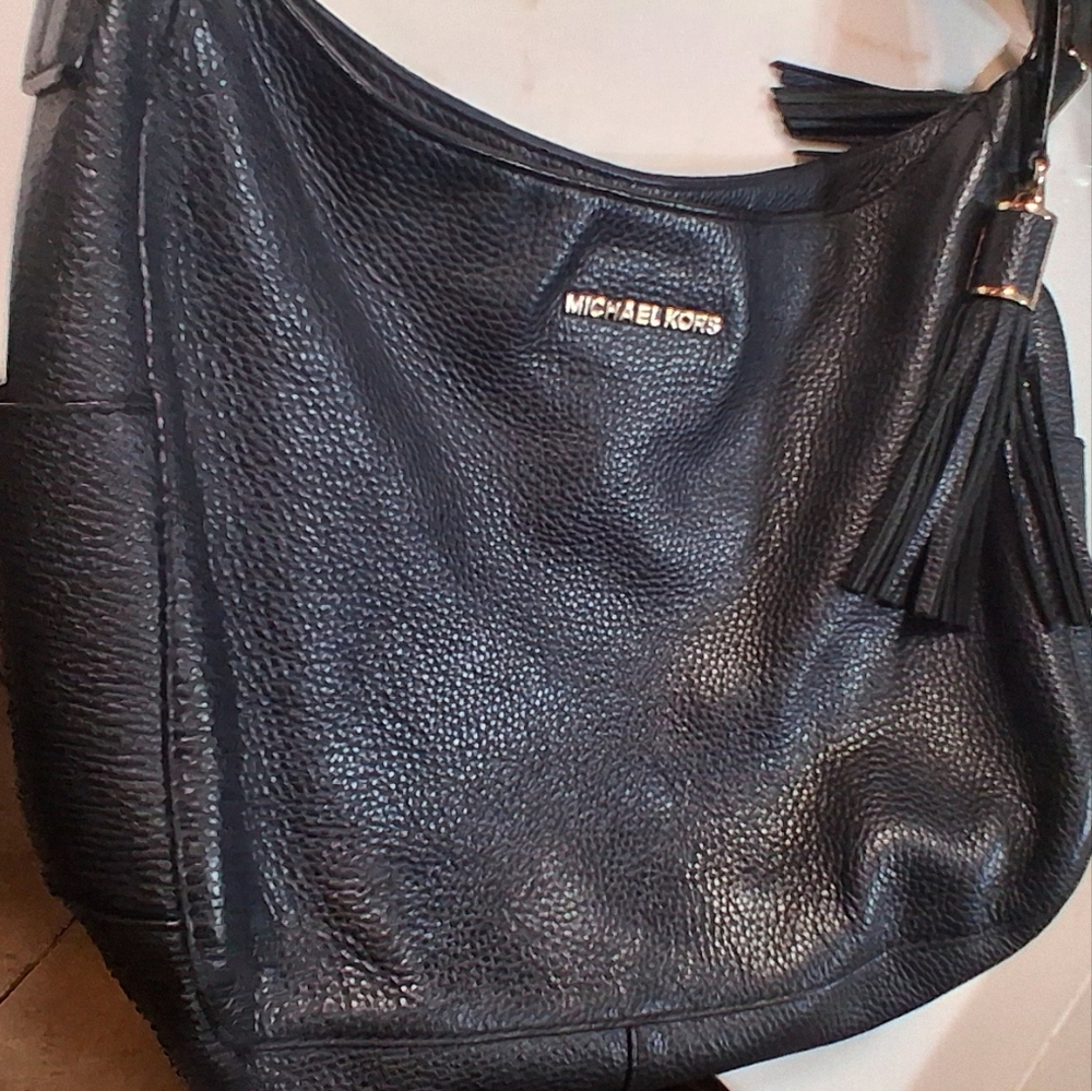 Michael Kors Black Pebbled Leather Shoulder Bag with Tassel